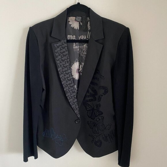 DESIGUAL WOMEN'S BLAZER SINGLE BREASTED EMBROIDERY ON ONE LAPEL ONE BUTTON SZ 44 - Picture 1 of 9